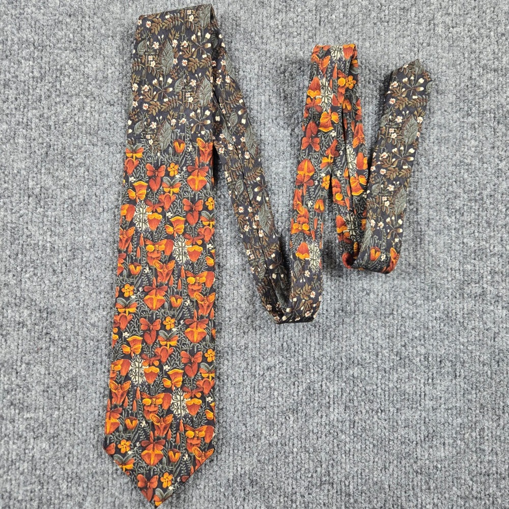 Ermenegildo Zegna Silk Tie Mens Orange Navy Floral Butterfly Italian Necktie